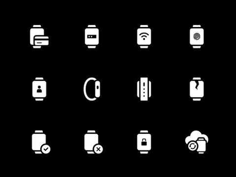Fingerprint id and payment in smart watch icons on black background Stock Illustration