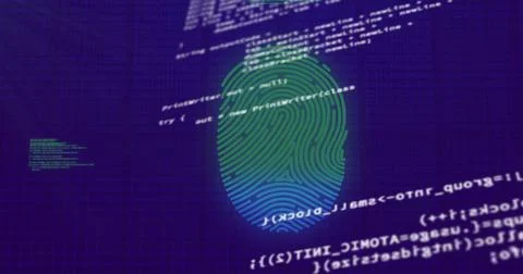 Fingerprint image over computer code background Stock Photos