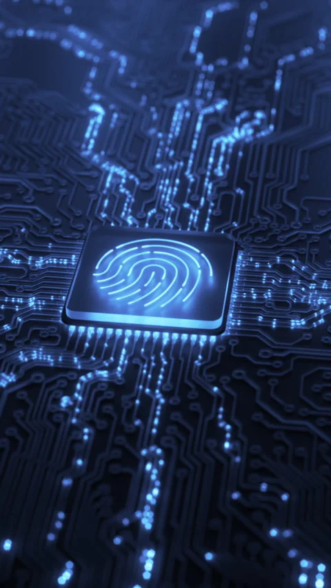 Fingerprint integrated on a cpu chip on a printed circuit motherboard. Digital Video stock 299700792