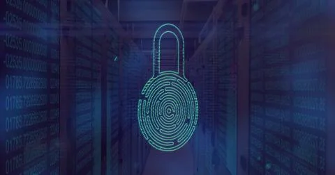Fingerprint lock image over data servers in dimly lit room Stock Photos