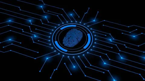 Fingerprint logo centered into information connecting lines - black background Illustrazione stock