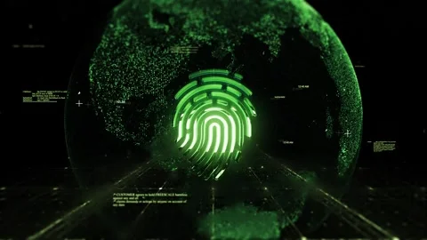 Fingerprint Logo on Technologic Earth surrounded by a Network of Graphics Stock Footage 343553956