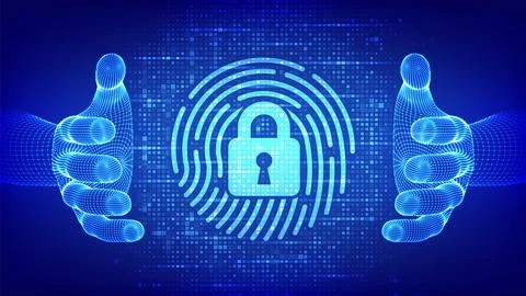 Fingerprint with padlock icon made with binary code in wireframe hands. Per.. Illustrazione stock