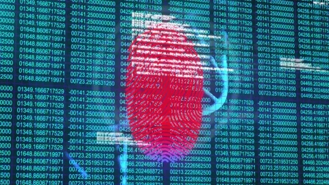 Fingerprint pulsing as scanner box appearing, white bars sweeping while pink Vídeos de archivo 333873005