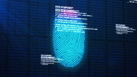 Fingerprint scan animation over binary code and data processing background Stock Footage 304483549