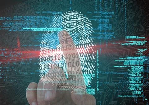 Fingerprint scan with binary code and red flare. finger on back Stock Photos
