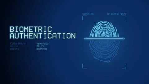 Fingerprint scan with BIOMETRIC AUTHENTICATION text on blue Иллюстрация