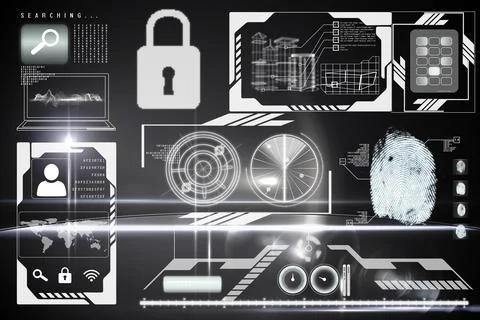 Fingerprint scan is glowing in flat UI design with magnifying glass padlock Stock Illustration