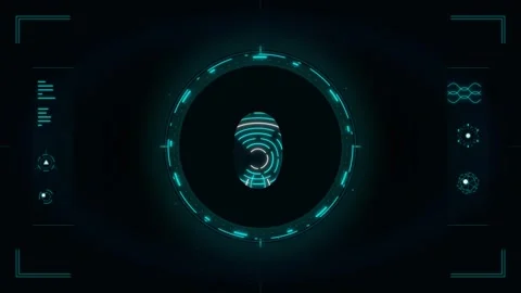Fingerprint scan interface with glowing cyan biometric data and HUD on a da.. 動画素材 335826721