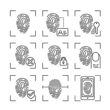 Fingerprint scan provides security access black line icons set. ID and verify Illustrazione stock