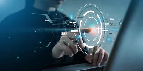 Fingerprint scan for secure access to protected network dashboard. Stock Photos