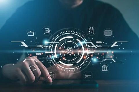Fingerprint scan for secure access to protected data network dashboard. Stock Photos