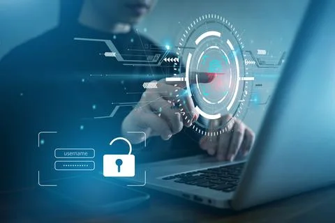 Fingerprint scan for secure access to protected network dashboard. Stock Photos