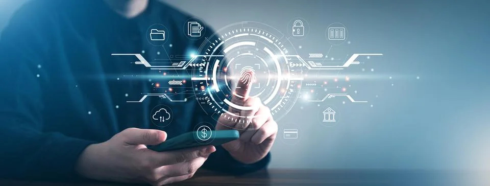 Fingerprint scan for secure access to protected data network dashboard. Stock Photos