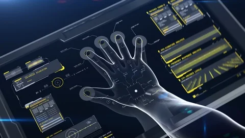 Fingerprint scan simulation, access granted, successful login, virtual reality Stock Footage 117136988