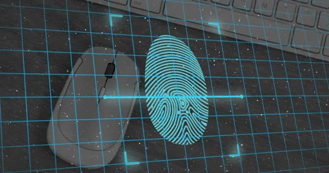 Fingerprint scanner and security padlock icon over grid network against mouse Stock Footage 153478469