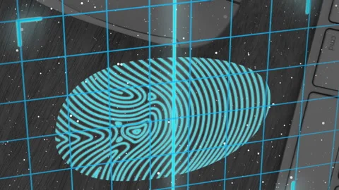 Fingerprint scanner and security padlock icon over grid network against mouse Stock Footage 312320247