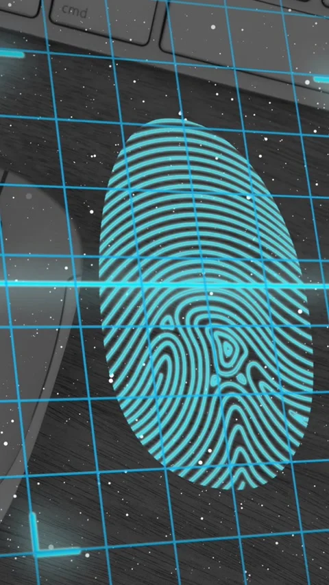 Fingerprint scanner and security padlock icon over grid network against mouse Stock Footage 331643388