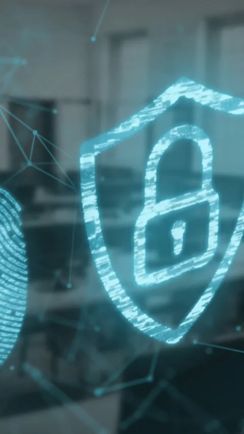 Fingerprint scanner and security padlock icon over network of connections Stock Footage 331643389