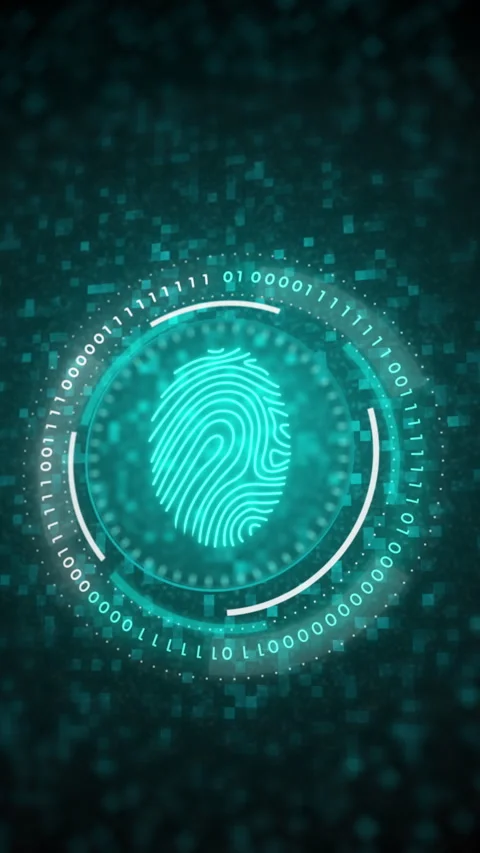 Fingerprint scanner on blue background with binary code and blinking pixels. HUD Video stock 270468423