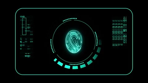 Fingerprint scanner interface integrates binary code and digital security. .. Stock Footage 337368631