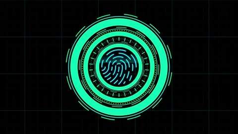 Fingerprint scanner interface with neon blue lights animated on a dark grid.. Stock Footage 263227142
