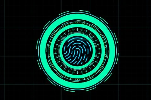 Fingerprint scanner interface with neon blue lights on a dark grid background Stock Illustration