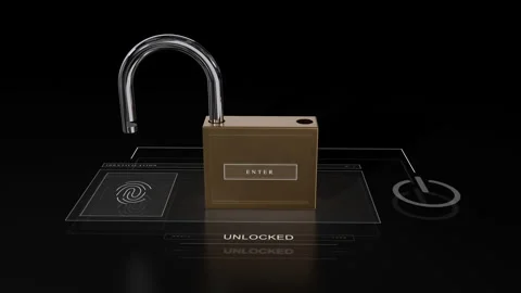 Fingerprint scanner.Lock 3D.Old Lock new technology. Technological UI HUD Stock Footage 248000659
