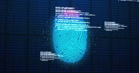 Fingerprint scanning and data processing animation over binary code background Stock Footage 304308204