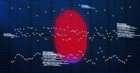 Fingerprint scanning and data processing image over binary code background Stock Photos