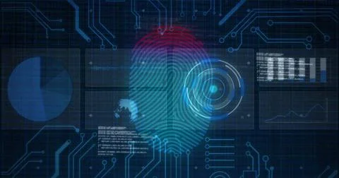 Fingerprint scanning and data processing image over digital circuit background Stock Photos