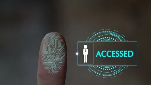 Fingerprint scanning and digital data hologram for security system in futuristic Stock Footage 103995983