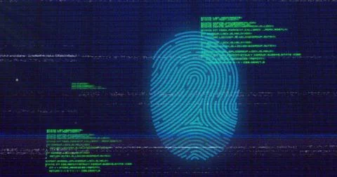 Fingerprint scanning with green code overlay, symbolizing cybersecurity on dark Stock-Fotos