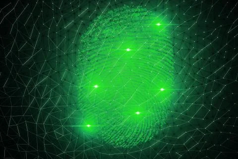 Fingerprint scanning for secure access. 3D rendering Illustrazione stock