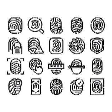 Fingerprint security and biometric identification outline icons Stock Illustration