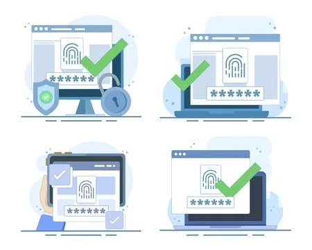 Fingerprint security set, biometric sensor on computer, digital authentication. Stock Illustration