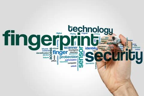 Fingerprint security word cloud concept  on grey background Foto stock