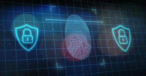 Fingerprint surrounded by digital locks, symbolizing security Foto stock