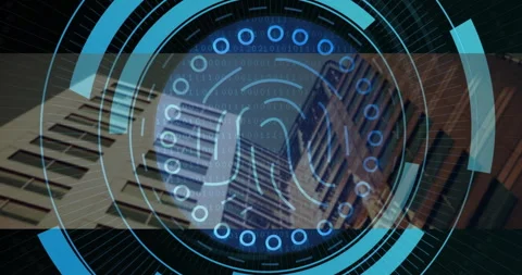 Fingerprint UI element being displayed over cityscape with streaming binary code Stock Footage 307454162