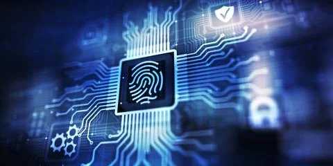 Fingerprint unlock cyber security data protection concept on virtual screen. Stock Photos