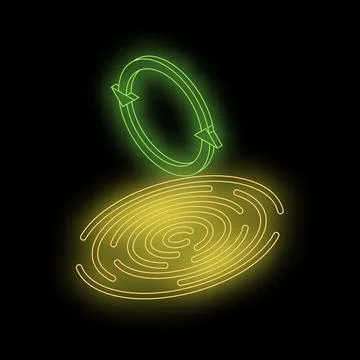 Fingerprint update with rotating circular arrows in neon style Stock Illustration