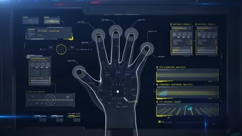 Fingerprints scan process, animated hand touching screen, access granted Stock Footage 117136863