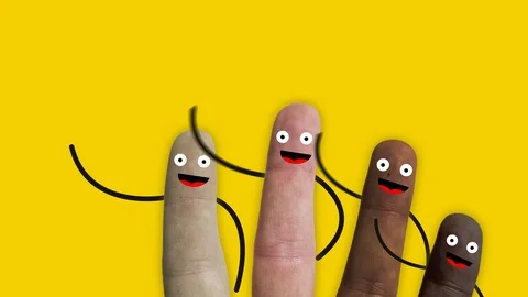 Fingers of a hand of various ethnic groups with smiley faces and arms greet us Video stock 102034317