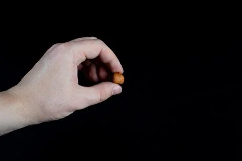 Fingers hold one kernel of hazelnuts on a black background Foto stock