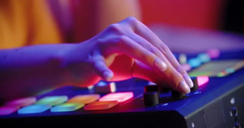 Fingers operating touchscreen on audio mixer in music studio Stock Footage 315764808