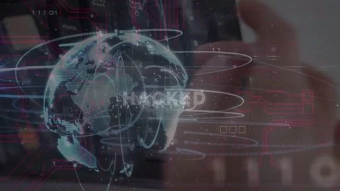 Fingers pressing keys starting globe overlay, HUD rings orbiting, HACKED pulsing Stock Footage 333704923