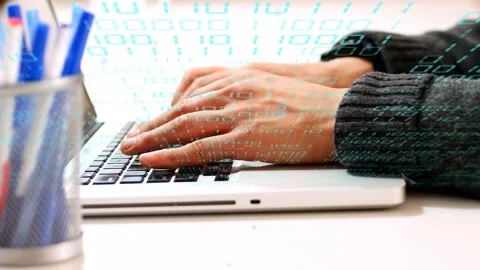 Fingers starting data entry, shifting forward while teal digits flowing across Stock Footage 334465913