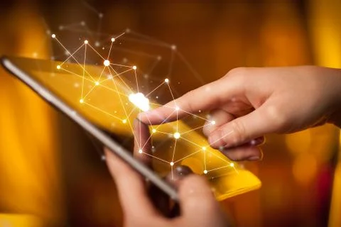 Fingers touching tablet with cloud concept Foto stock