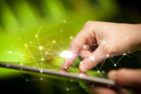 Fingers touching tablet with cloud concept Stockfoto's