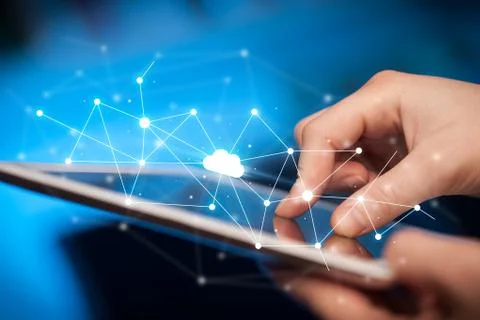 Fingers touching tablet with cloud concept Stockfoto's